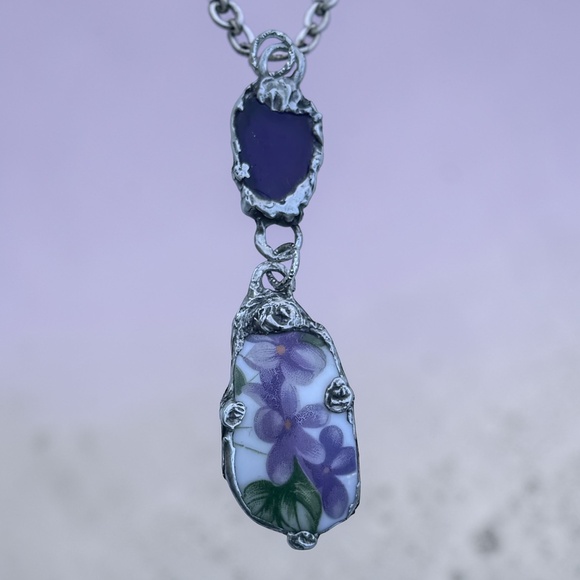 Hand Crafted Jewelry - Violets Broken China & Sea Glass Artisan Silver-Blend Metalwork Bezel Pendant